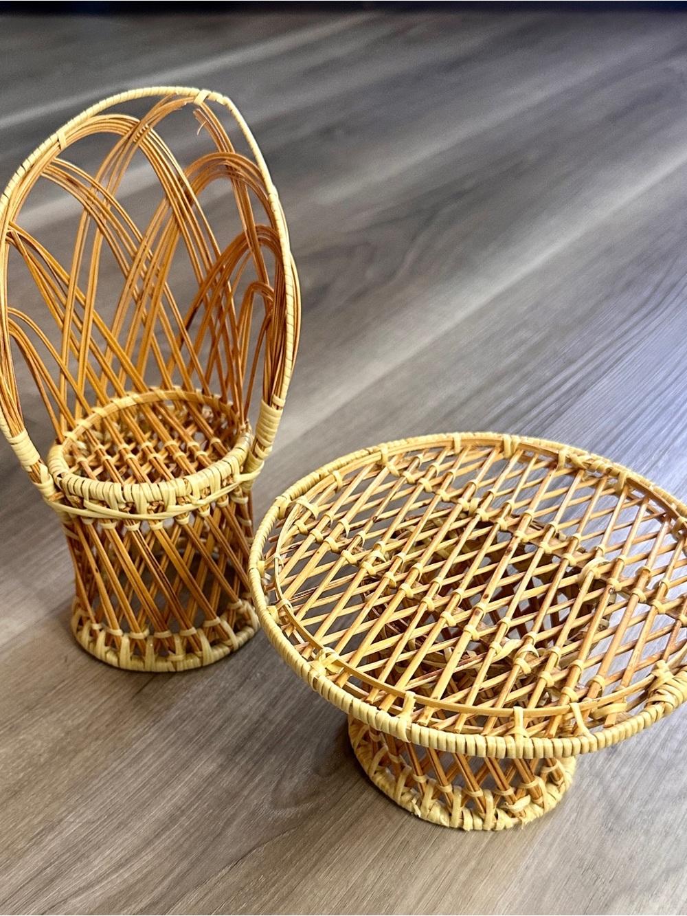 Vintage Mini Wicker Rattan Peacock Chair & Table Doll Furniture Set